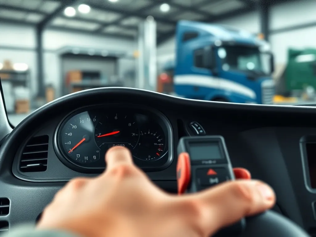 Mechanik kalibruje cyfrowy tachograf w nowoczesnej ciężarówce za pomocą narzędzia diagnostycznego w warsztacie