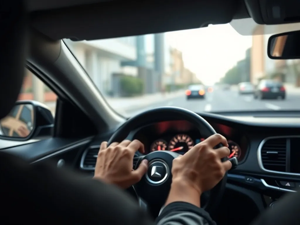 Kierowca trzyma ręce na kierownicy, prosty kokpit auta na tle jasnej, miejskiej ulicy, poczucie kontroli i bezpieczeństwa.