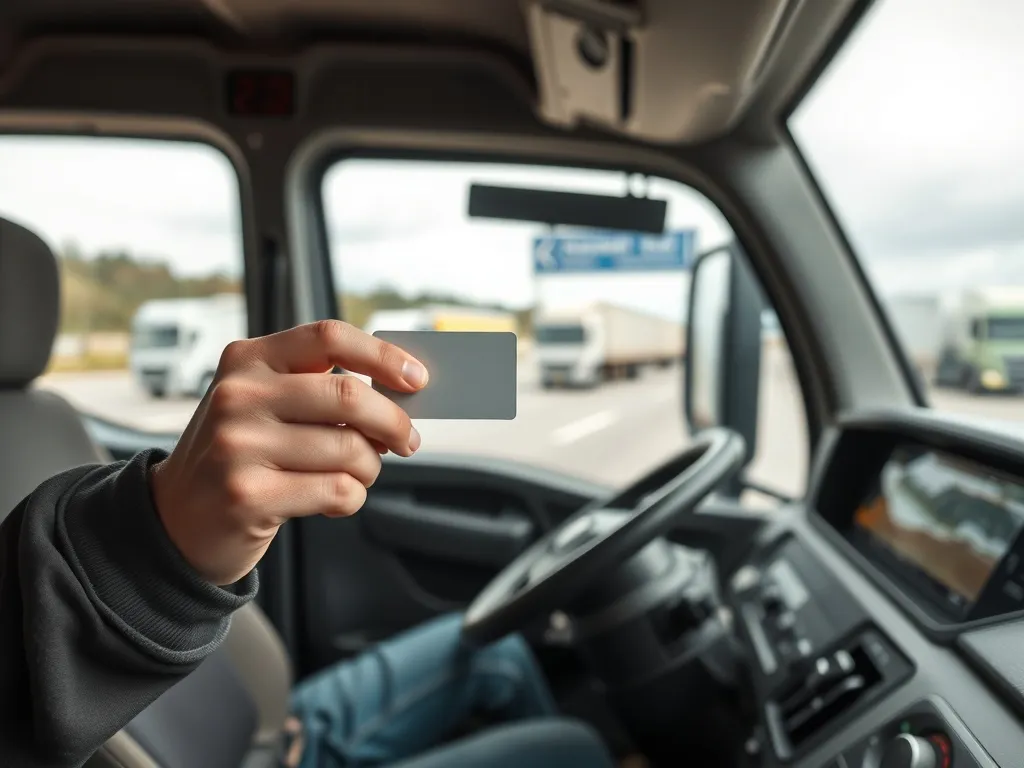 Kierowca ciężarówki w kabinie trzyma kartę kierowcy, w tle niemiecki parking przyautostradowy z zaparkowanymi ciężarówkami.
