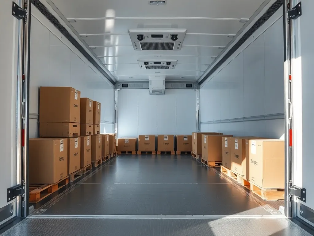 Wnętrze chłodni z równymi rzędami palet, zachowanymi odstępami między kartonami i widoczną jednostką chłodzącą u góry.