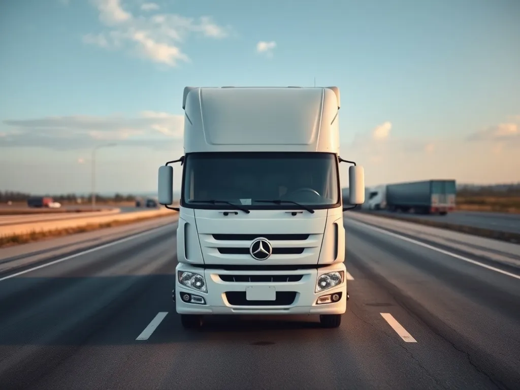 Nowoczesna solówka z białą zabudową na pustej drodze, w tle większe zestawy ciężarowe z naczepami na autostradzie