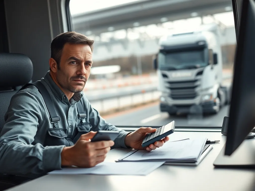 Kierowca ciężarówki przy biurku liczy należne diety, z zatroskaną miną analizuje dokumenty dotyczące pracy w Niemczech.