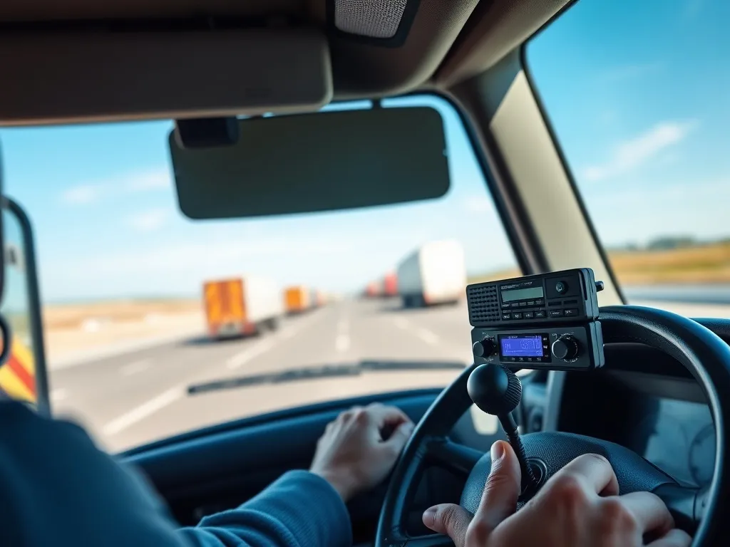 Kierowca ciężarówki reguluje kanał w prostym radiu CB na nowoczesnej desce rozdzielczej podczas jazdy po autostradzie.