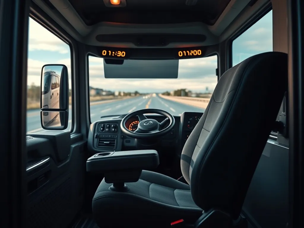 Nowoczesna kabina ciężarówki z ergonomicznym fotelem i czytelnym panelem cyfrowym, zaprojektowana dla komfortu kierowcy.