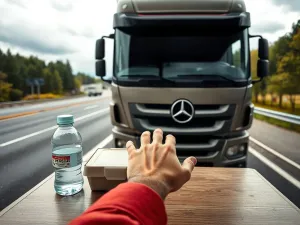 Kierowca ciężarówki na postoju sięga po prosty posiłek, wodę i monety euro, symbolizujące diety w Niemczech