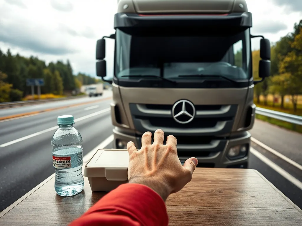 Kierowca ciężarówki na postoju sięga po prosty posiłek, wodę i monety euro, symbolizujące diety w Niemczech