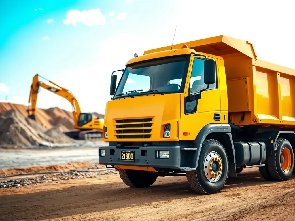 Żółta wywrotka na placu budowy na tle koparki i hałd piasku, ilustracja tematu uprawnień do obsługi wywrotki