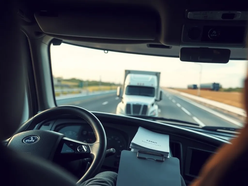 Kabinia ciężarówki z widocznym tachografem i uporządkowanymi dokumentami kierowcy na siedzeniu pasażera.