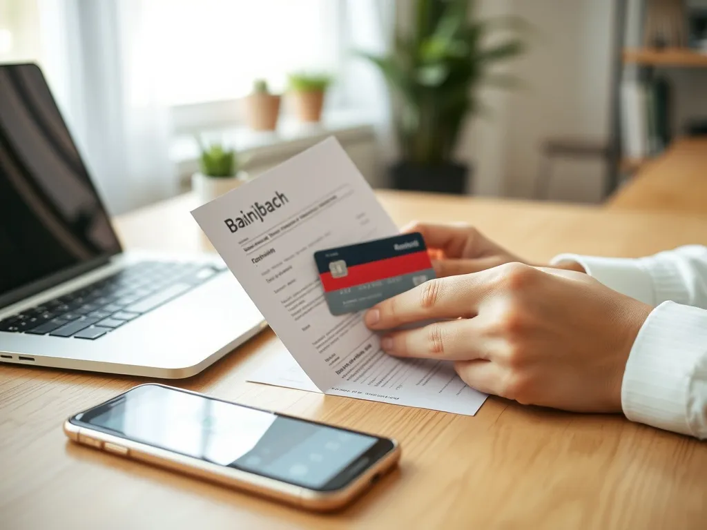 Dłonie trzymają niemiecki odcinek wypłaty i kartę bankową na biurku, obok telefonu z aplikacją bankową.