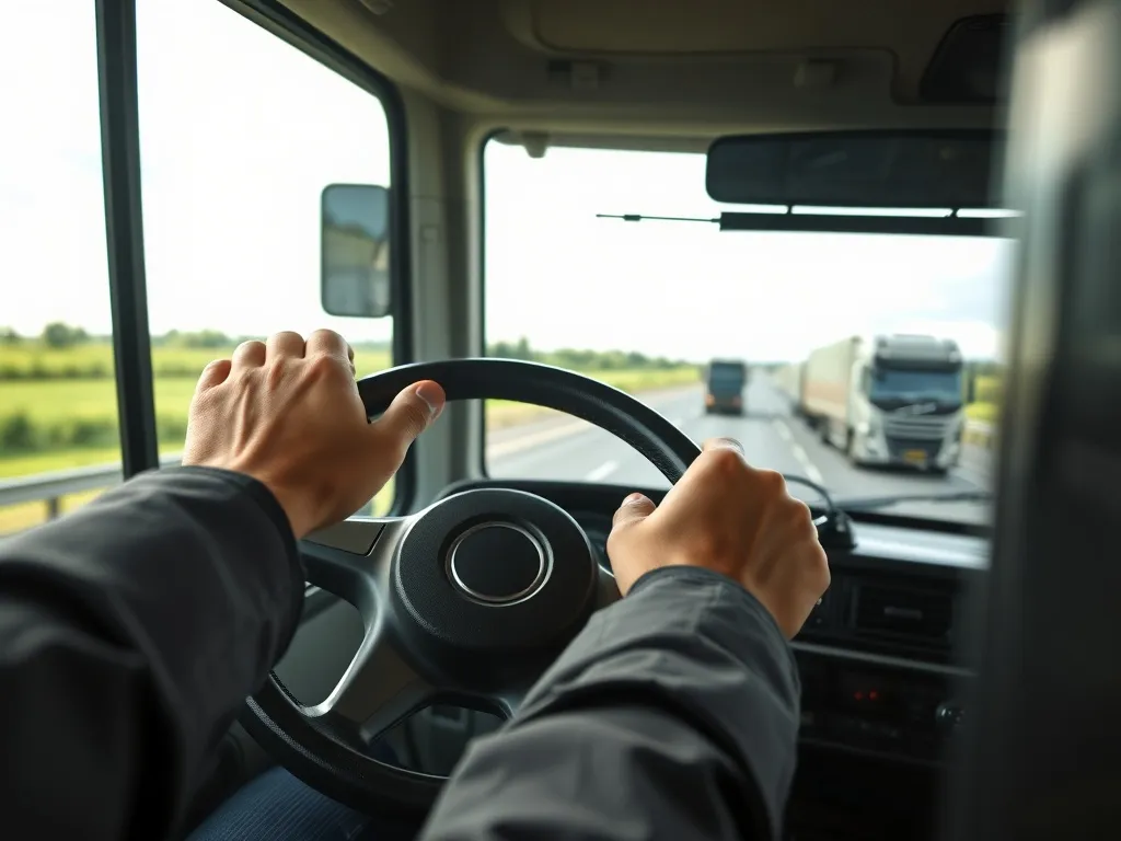 Kierowca ciężarówki prowadzi nowoczesny pojazd na niemieckiej autostradzie, w tle zielony krajobraz i inne ciężarówki.
