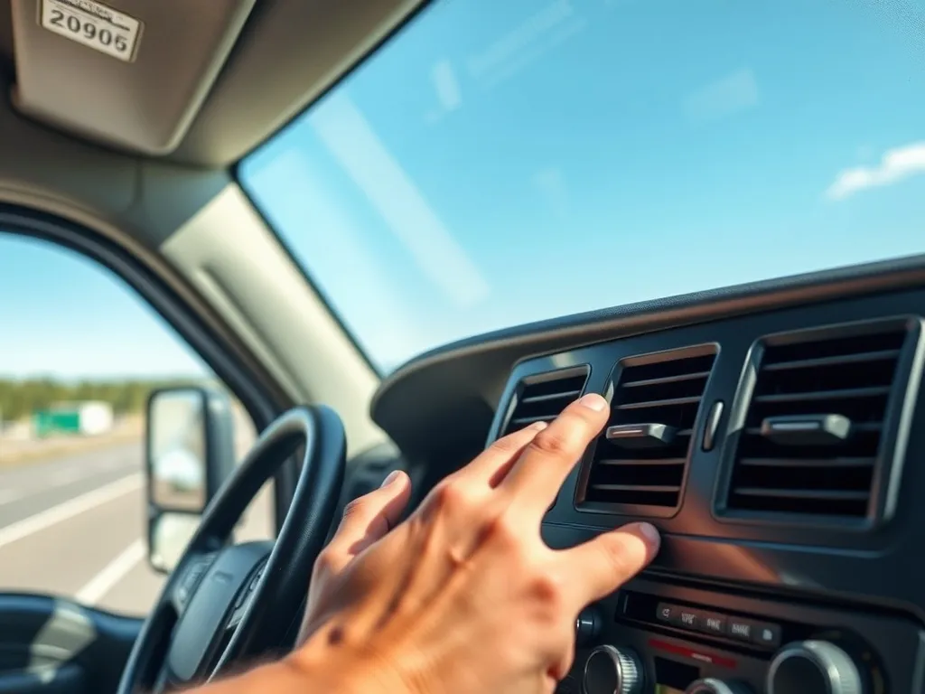 Kierowca reguluje klimatyzację w nowoczesnej kabinie ciężarówki, z nawiewami chłodnego powietrza podczas jazdy autostradą.