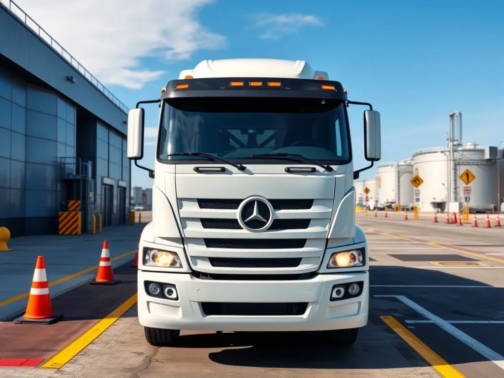 Cysterna paliwowa na oznakowanym, zabezpieczonym placu załadunku, z pachołkami i odblaskami podkreślającymi zasady bezpieczeństwa.