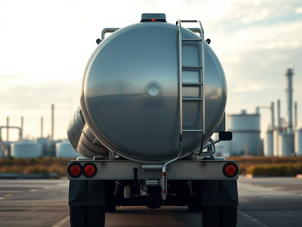 Lśniąca cysterna na tle zakładów przemysłowych, ilustrująca typowe ładunki przewożone w cysternach transportowych