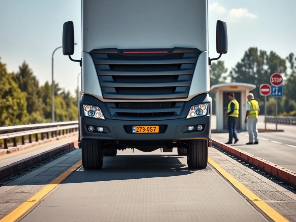 Nowoczesna ciężarówka na wadze drogowej na punkcie kontrolnym, podkreślenie ważenia i kontroli przeładowania pojazdu