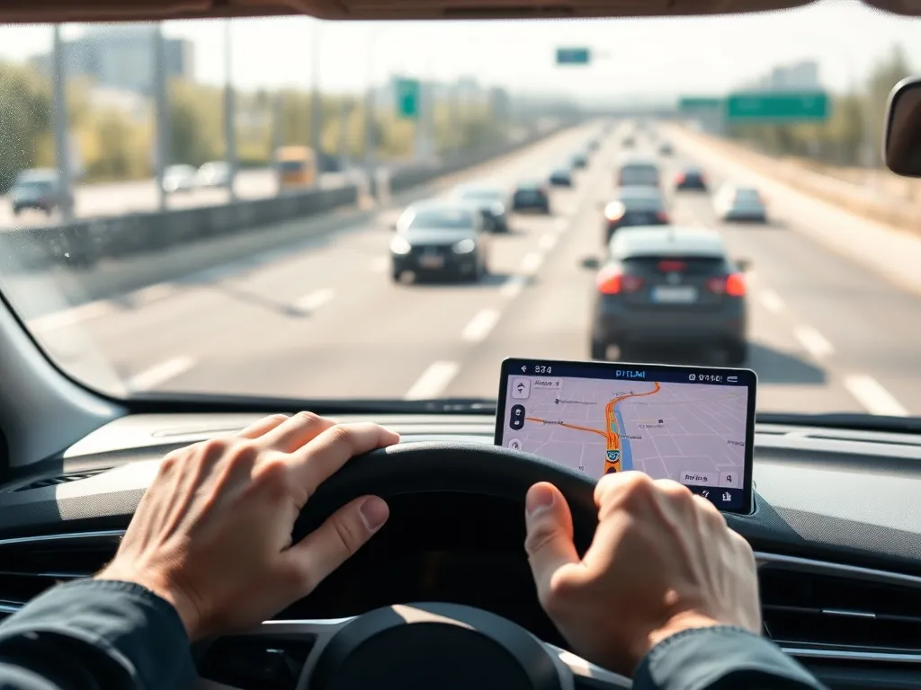 Kokpit nowoczesnego auta z nawigacją GPS pokazującą trasę i natężenie ruchu na wielopasmowej miejskiej drodze.