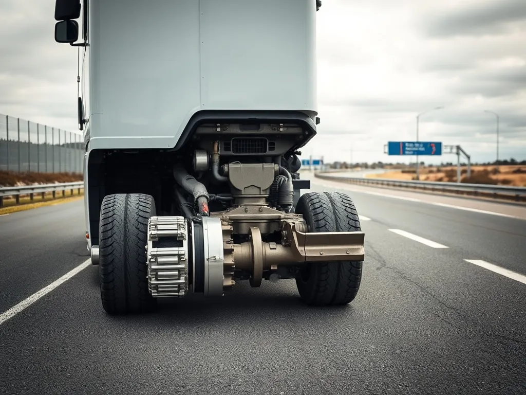 Nowoczesna ciężarówka z wyróżnioną skrzynią biegów i wałem napędowym, stojąca na pustym asfalcie na tle autostrady.