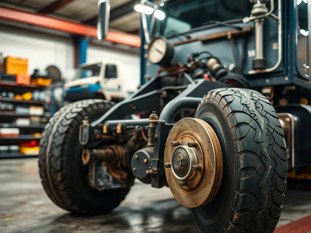 Ciężarówka w warsztacie, zbliżenie na zużyte koła, opony, tarcze hamulcowe i zawieszenie, w tle regały z częściami.