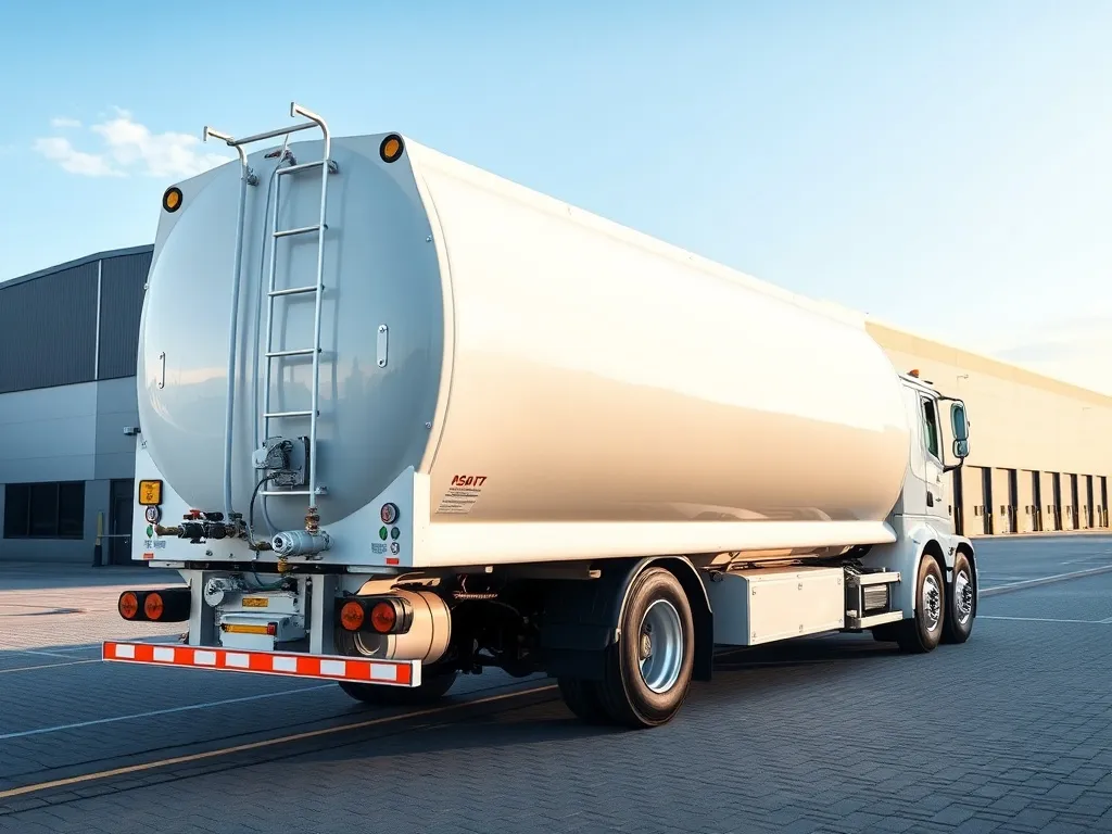 Czysta biała naczepa silos na placu przy magazynie logistycznym, z widocznymi zaworami i wężami do obsługi ładunku.