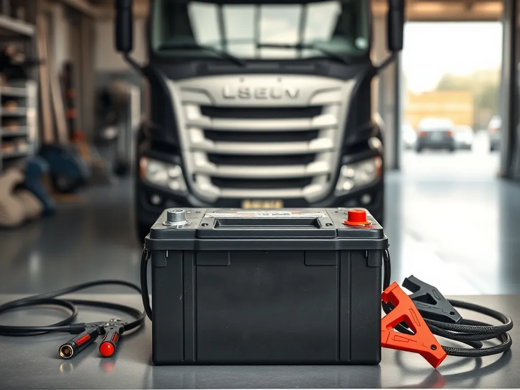 Akumulator ciężarówki na stole warsztatowym z klemami i narzędziami, gotowy do przeglądu i konserwacji.