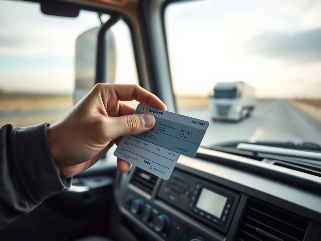 Kierowca ciężarówki wkłada cyfrową kartę do tachografu, ilustrując obsługę i znaczenie karty do tachografu
