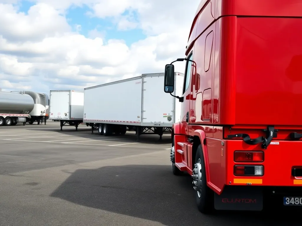 Nowoczesna czerwona ciężarówka z naczepą pudełkową na placu, w tle różne typy naczep: platforma, cysterna, chłodnia.