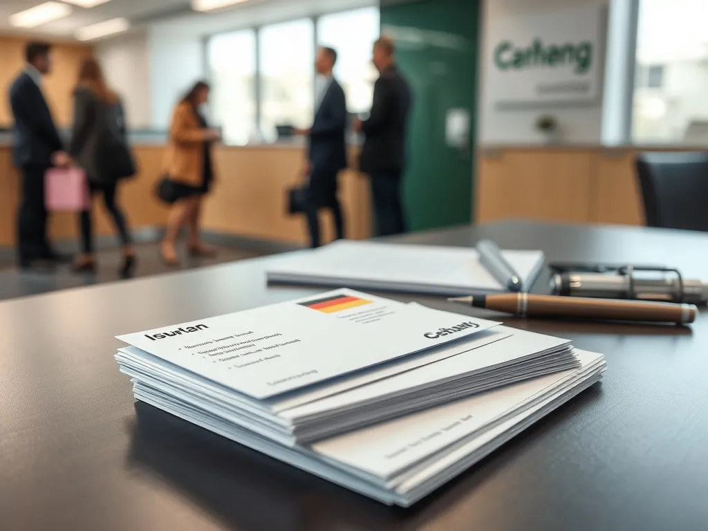 Niemiecka karta ubezpieczeniowa i formularze na biurku w urzędzie, w tle kolejka do okienka rejestracyjnego.