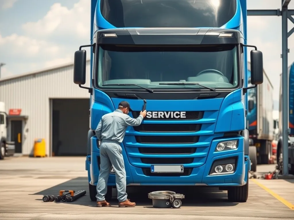 Mechanik w serwisie sprawdza koło i silnik nowoczesnej niebieskiej ciężarówki, profilaktyczna kontrola stanu pojazdu