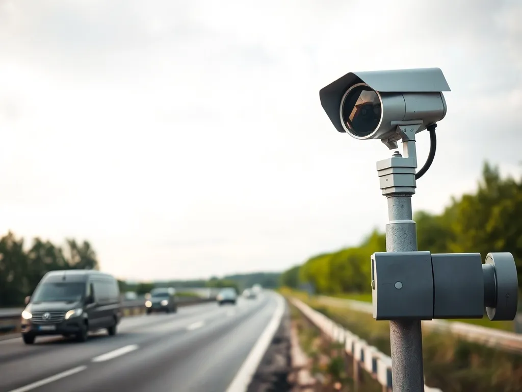 Nowoczesny fotoradar przy niemieckiej autostradzie monitorujący prędkość przejeżdżających samochodów.