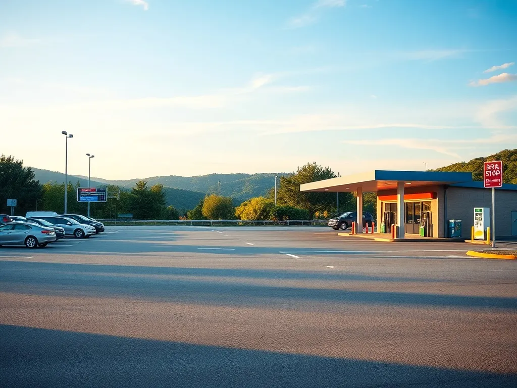 Nowoczesny autohof przy autostradzie w słoneczny dzień, z parkingiem, stacją paliw i spokojnym otoczeniem natury.