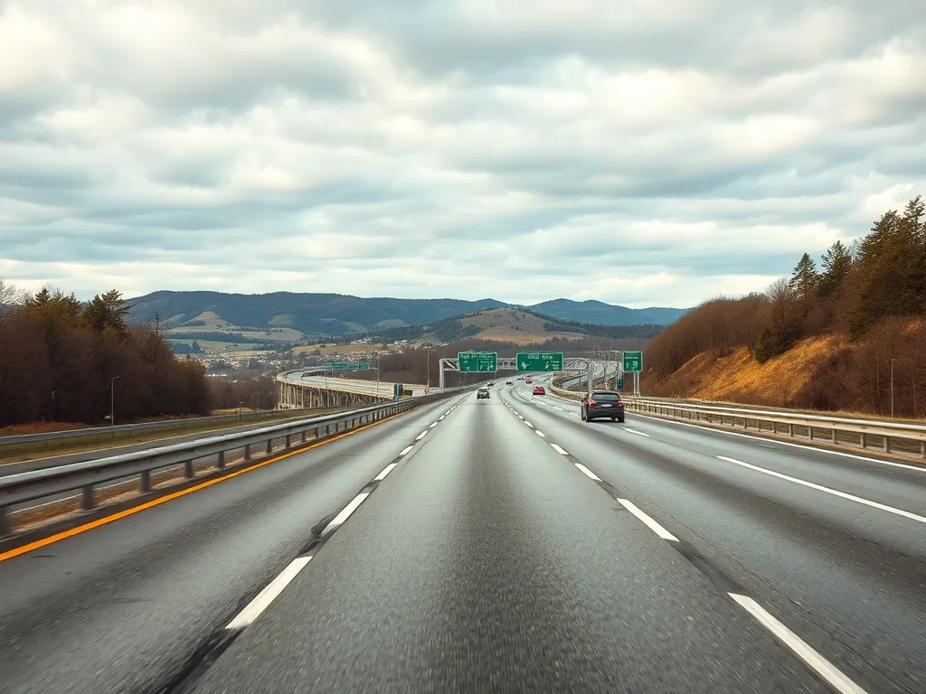 Niemiecka autostrada z kilkoma samochodami jadącymi w bezpiecznych odstępach, w tle pagórki i pochmurne niebo.