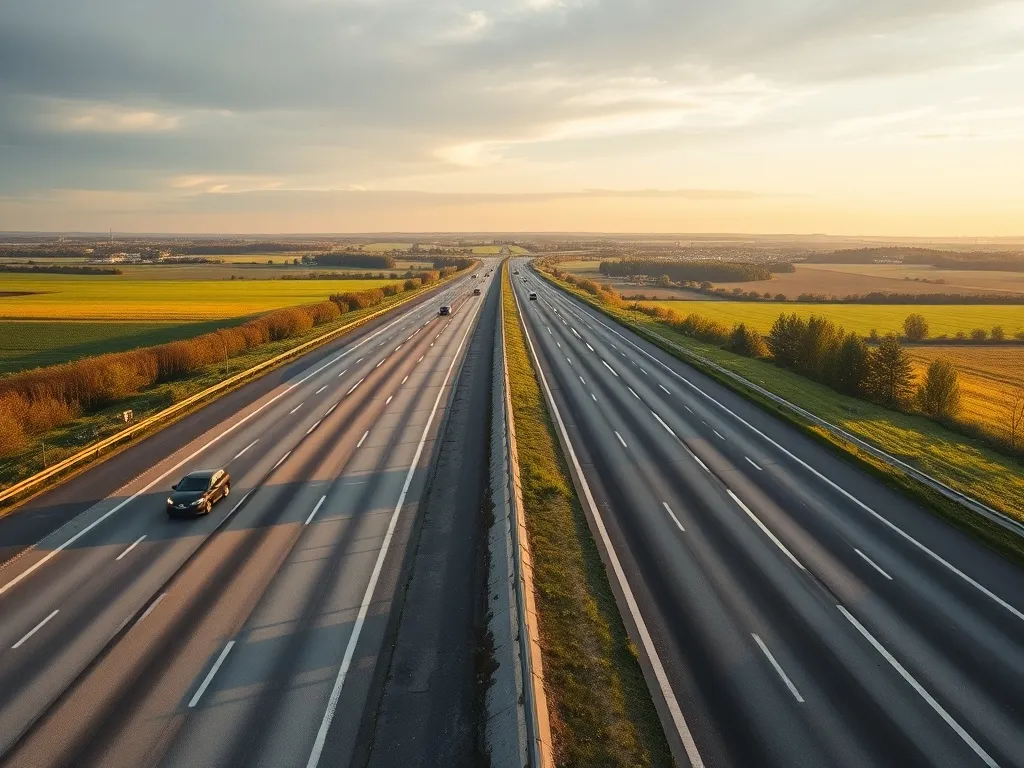 Nowoczesna autostrada na granicy dwóch krajów, kontrast między starszym a nowym asfaltem, otoczona polami o zachodzie słońca.