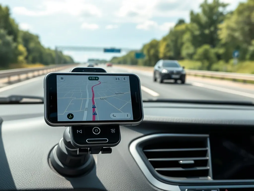Smartfon z uruchomioną nawigacją Yanosik na tle niemieckiej autostrady, sugerujący korzystanie z aplikacji w Niemczech.