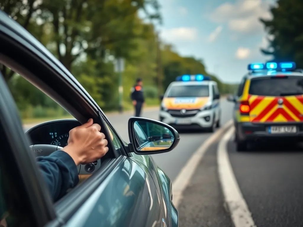 Kierowca spokojnie czeka w aucie na poboczu, w lusterku widać niemiecki radiowóz z włączonymi niebieskimi światłami.