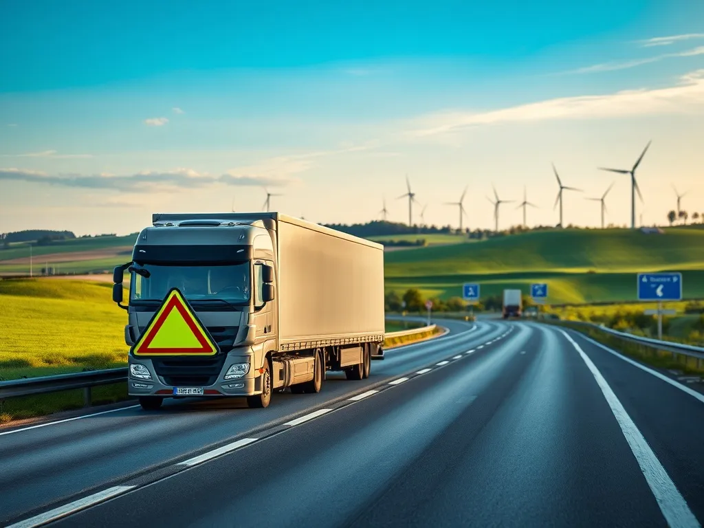 Ciężarówka z ładunkiem ponadnormatywnym i pojazd pilotujący na niemieckiej autostradzie, w tle pola i wiatraki.