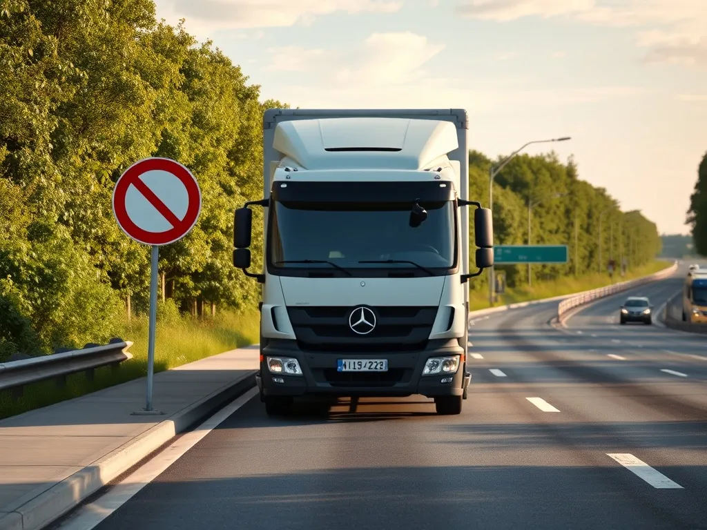 Ciężarówka zatrzymana przy drodze obok znaku zakazu wjazdu ciężarówek na niemieckiej autostradzie latem