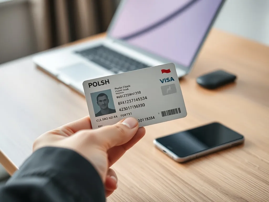 Polskie plastikowe prawo jazdy trzymane w dłoni na biurku, w tle rozmyty laptop i smartfon, neutralne biurowe otoczenie.