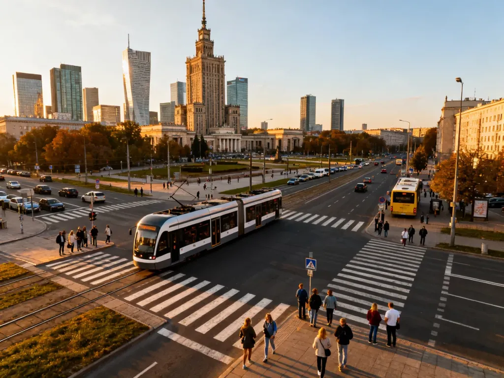 Ruchliwe skrzyżowanie w centrum Warszawy z tramwajem, autobusem i pieszymi, w tle Pałac Kultury i wieżowce, no text on the picture