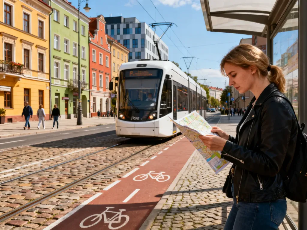 Kobieta sprawdza mapę na przystanku tramwajowym w centrum Poznania, w tle zabytkowe i nowoczesne kamienice, no text on the picture
