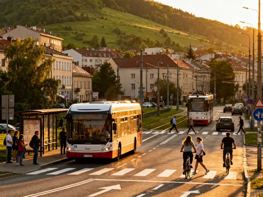 Ruchliwa ulica w Bielsku-Białej o złotej godzinie, autobus i tramwaj na przystanku, piesi i rowerzyści na tle zielonych wzgórz, no text on the picture